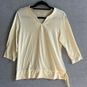 Talbots~Soft Beige Knit~Top 3/4 Sleeve~Drawstring Waist~Beaded Neckline~Size Med